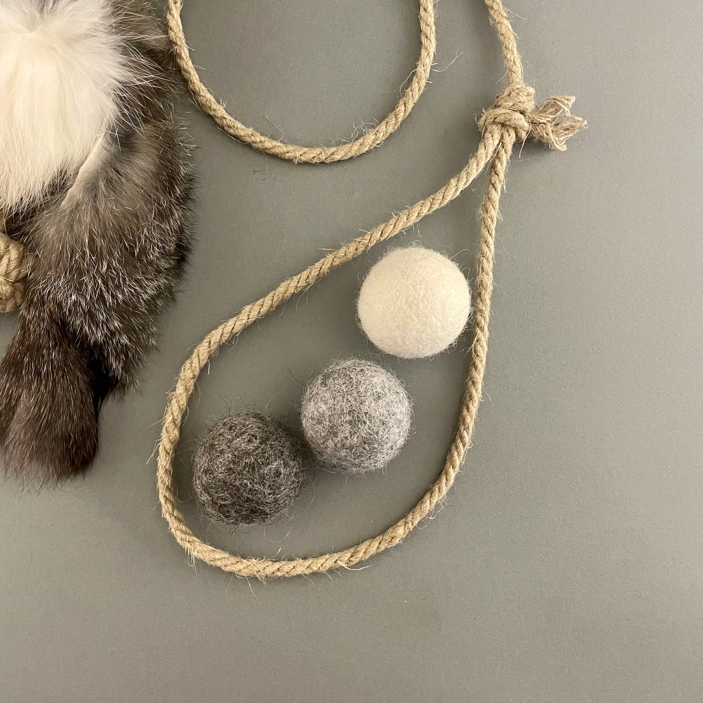 Rabbit Fur & Three Wool Ball Cat Toy Set