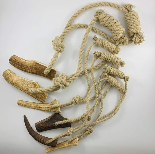 healthy dog toy with deer antler and natural hemp rope